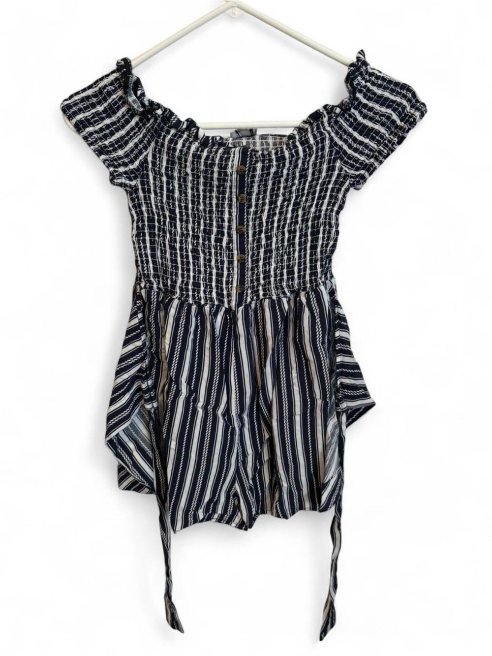 Justify Navy and White Striped Off-Shoulder Romper - Picture 1 of 4